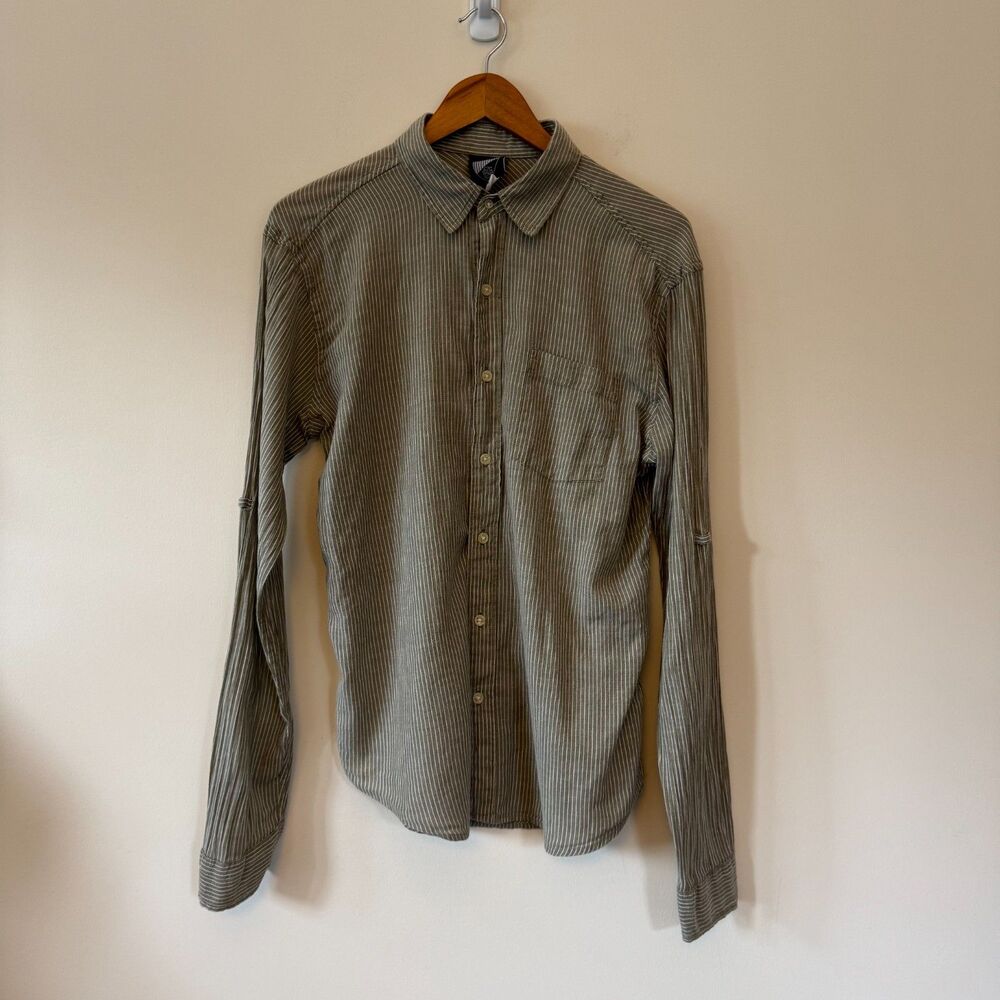 BDG Men Olive Green Striped Roll-Tab Sleeve Button Down Shirt Size Medium